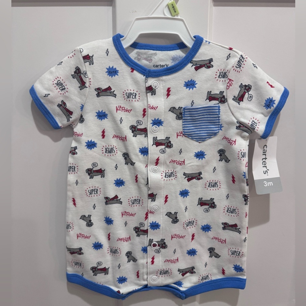 Carter's White Romper with Blue Trim and Fun Prints
